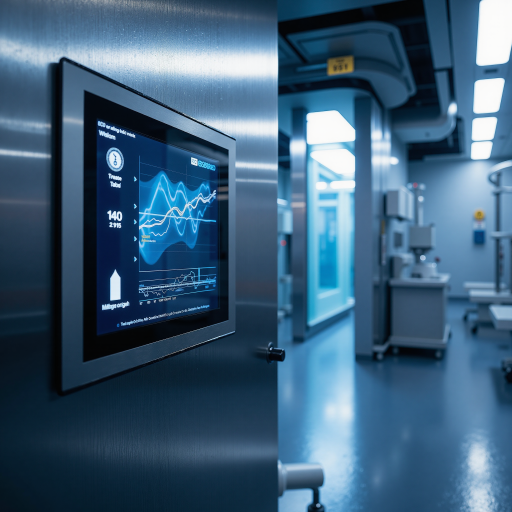 医疗健康系统界面,医疗图标和数据图表,蓝色背景,医疗健康行业形象