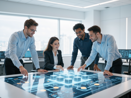 IT团队工作场景,现代化办公室内技术人员正在讨论项目,蓝色背景,明亮自然光